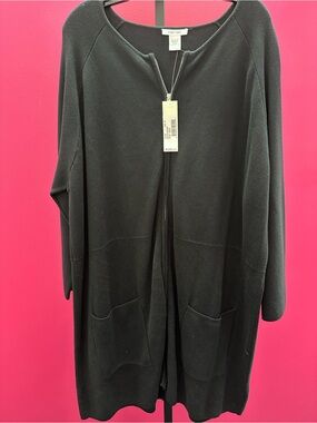 Joan Vass Black 🖤 Zip-Front Cotton Knit Cardigan/Car Coat with Pockets
